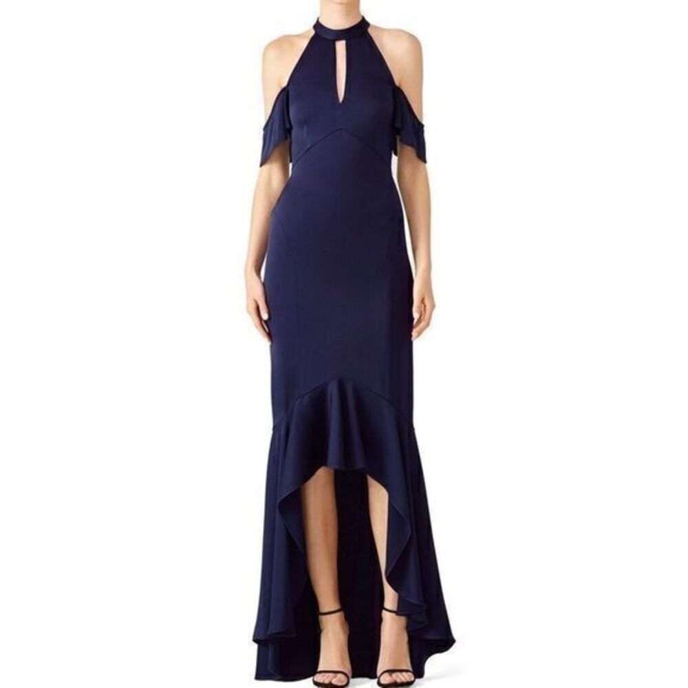 Shoshanna navy montrose halter gown maxi dress